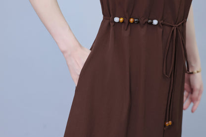 Women's V-Neck Cap Sleeve Pocket Midi Dress