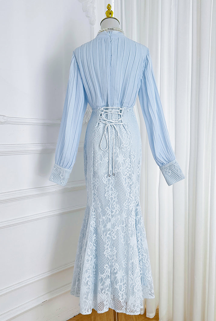 Elegant Pleated & Lace Midi Dress with Tie Neck, Beaded Details & Flounce Hem - LAI MENG FIVE CATS
