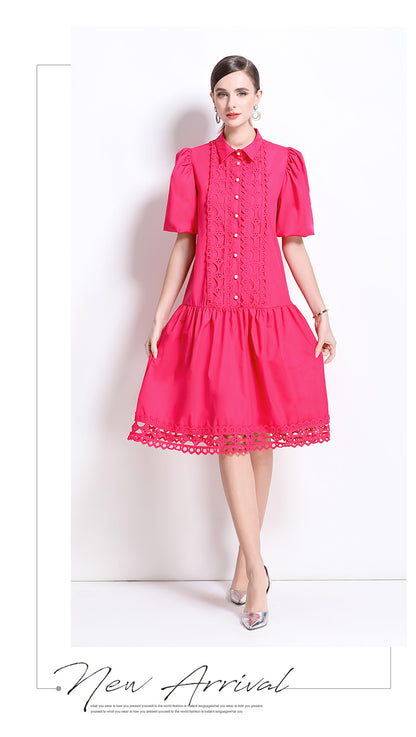 Women's Puff Sleeves Collar Hollow Embroidery Midi Dress