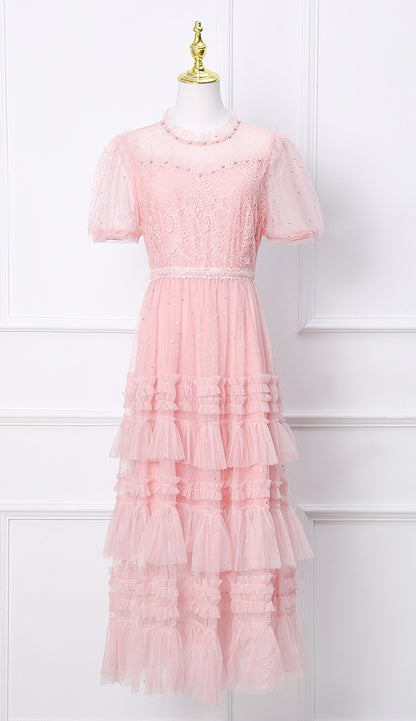 Pink Sheer Sleeves Lace Tiered Tulle Midi Dress