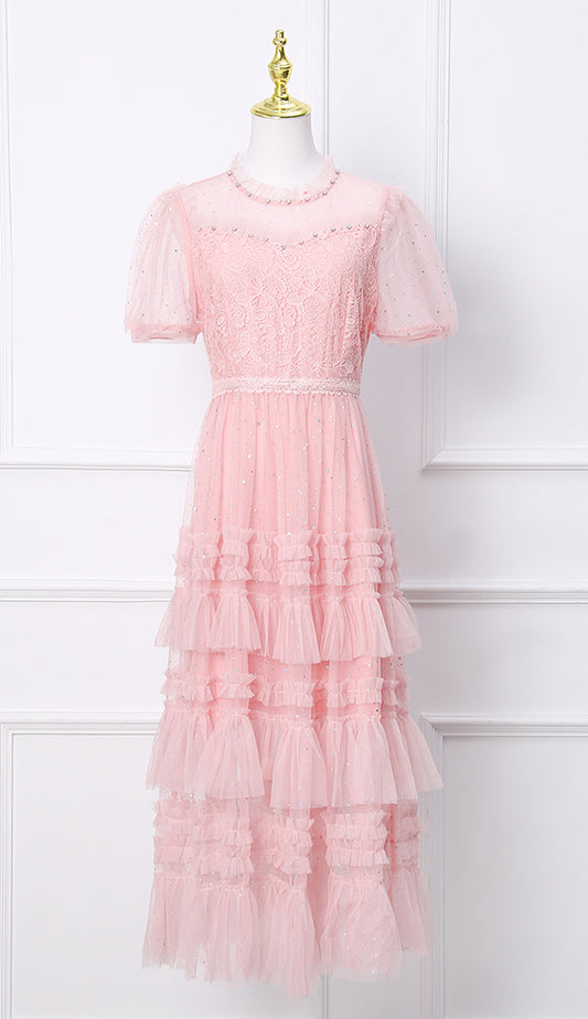 Pink Sheer Sleeves Lace Tiered Tulle Midi Dress