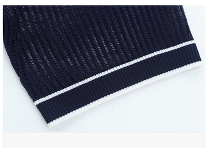 Women's Contrasting Color Polo Collar Knit Blouse