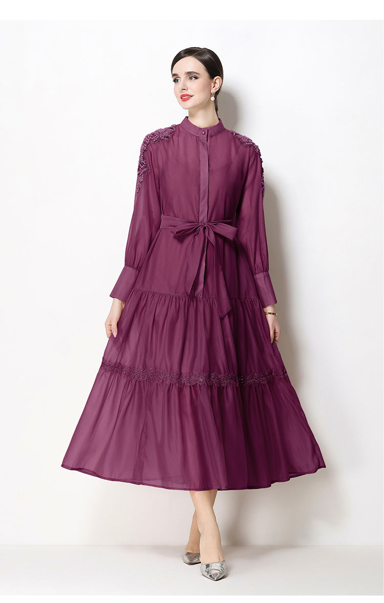 knee length dresses for ladies Elegant Bead Embroidery Loose Button Belted Maxi Dress – LAI MENG FIVE CATS
