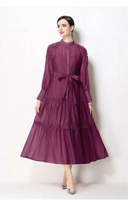 Elegant Bead Embroidery Loose Button Belted Maxi Dress - LAI MENG FIVE CATS