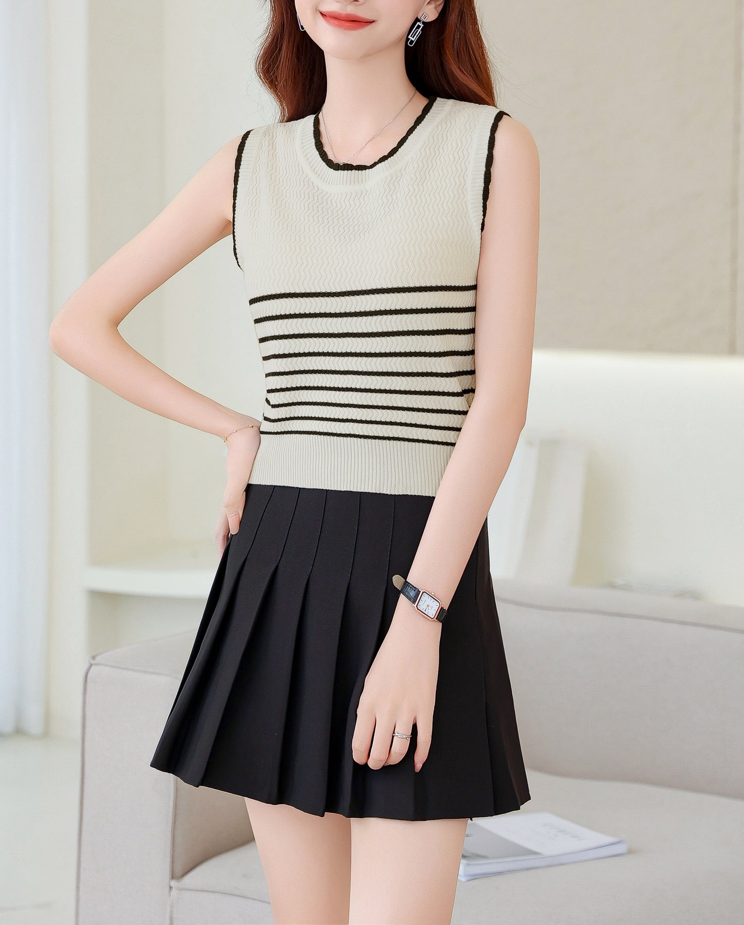 Women's Striped Sleeveless Shirt Ribbed Knit Tops