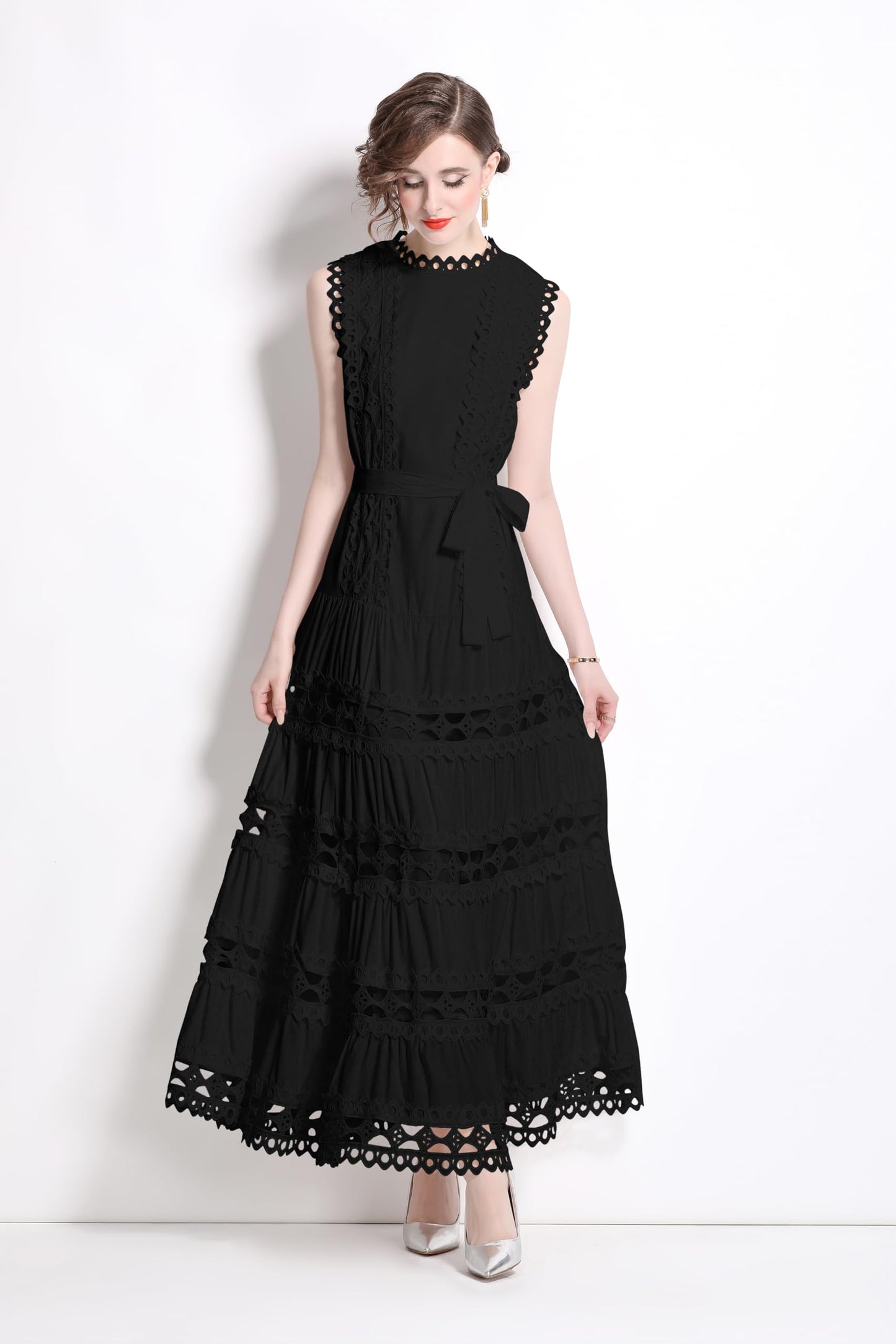 BK-Sleeveless Hollow Belt Maxi Dress