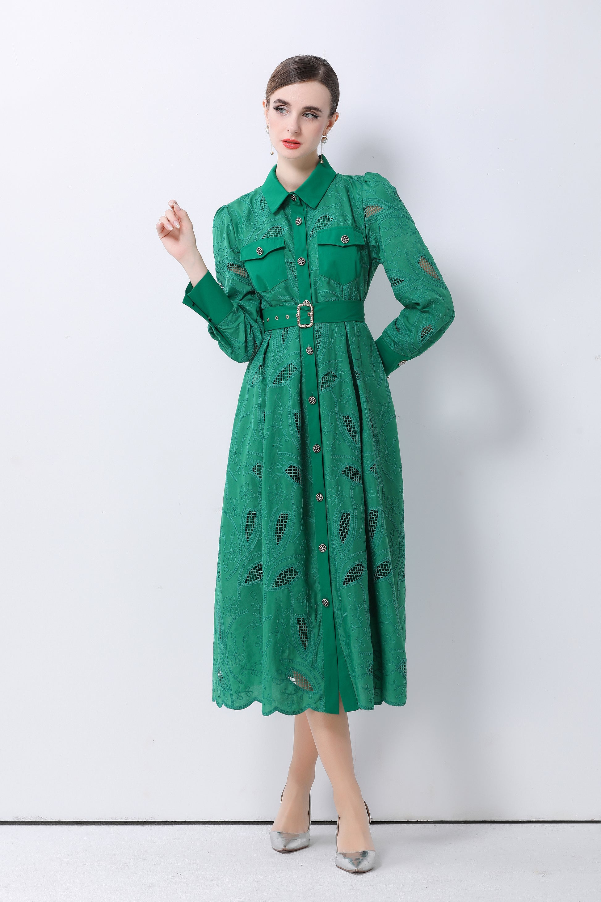 Women's Embroidery Hollow Out Lace Midi Dress - LAI MENG FIVE CATS