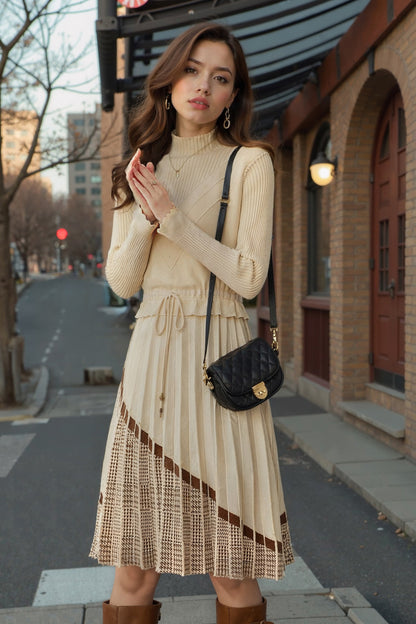 BK-Stripe Drawstring Knit Pullover Midi Dress