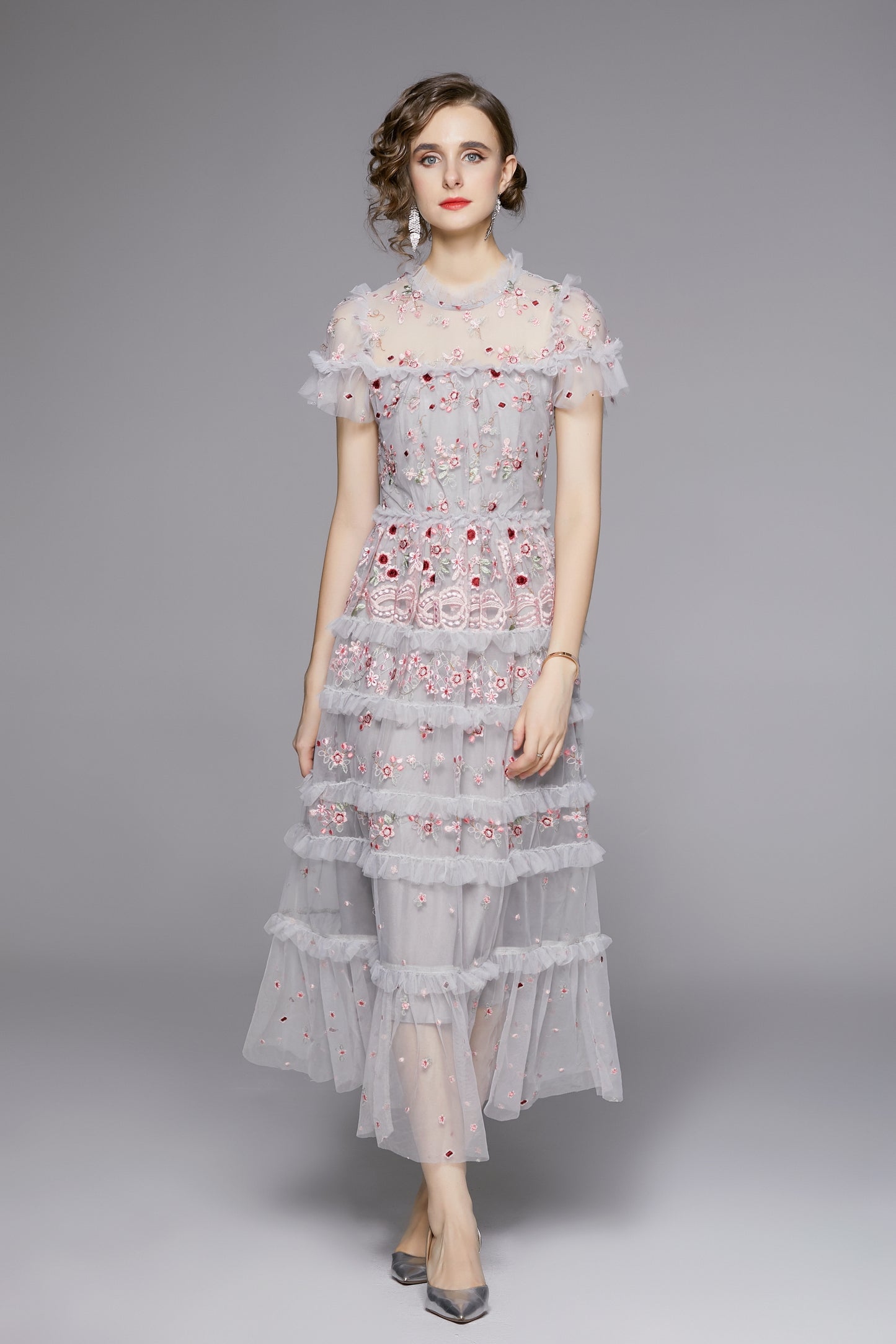 Romantic Floral Embroidered Ruffle Midi Dress