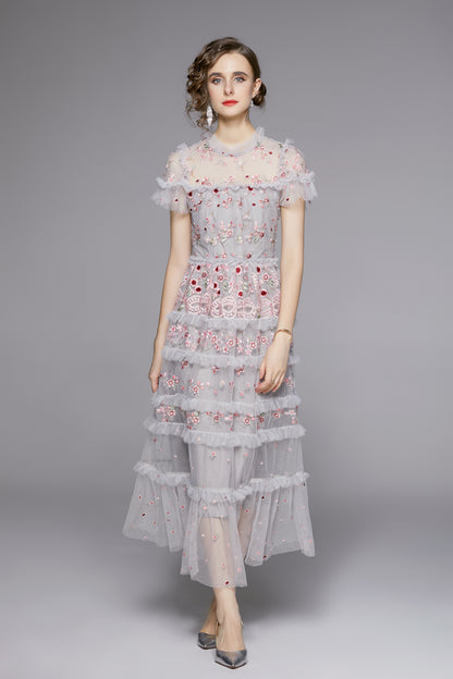 Romantic Floral Embroidered Ruffle Midi Dress