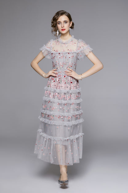 Romantic Floral Embroidered Ruffle Midi Dress