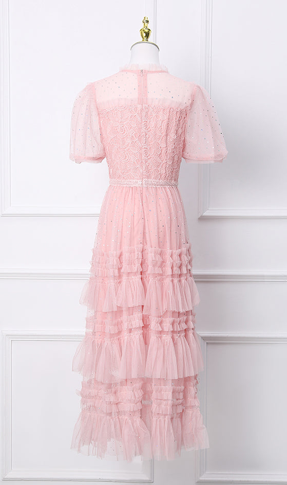Pink Sheer Sleeves Lace Tiered Tulle Midi Dress