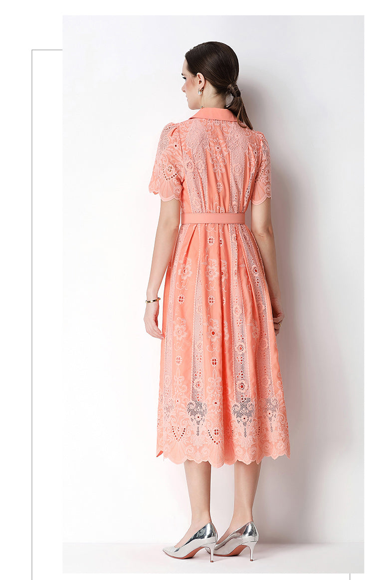 Elegant Lace Button-Front Midi Dress with Belt - LAI MENG FIVE CATS