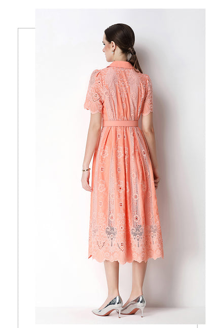 Elegant Lace Button-Front Midi Dress with Belt - LAI MENG FIVE CATS