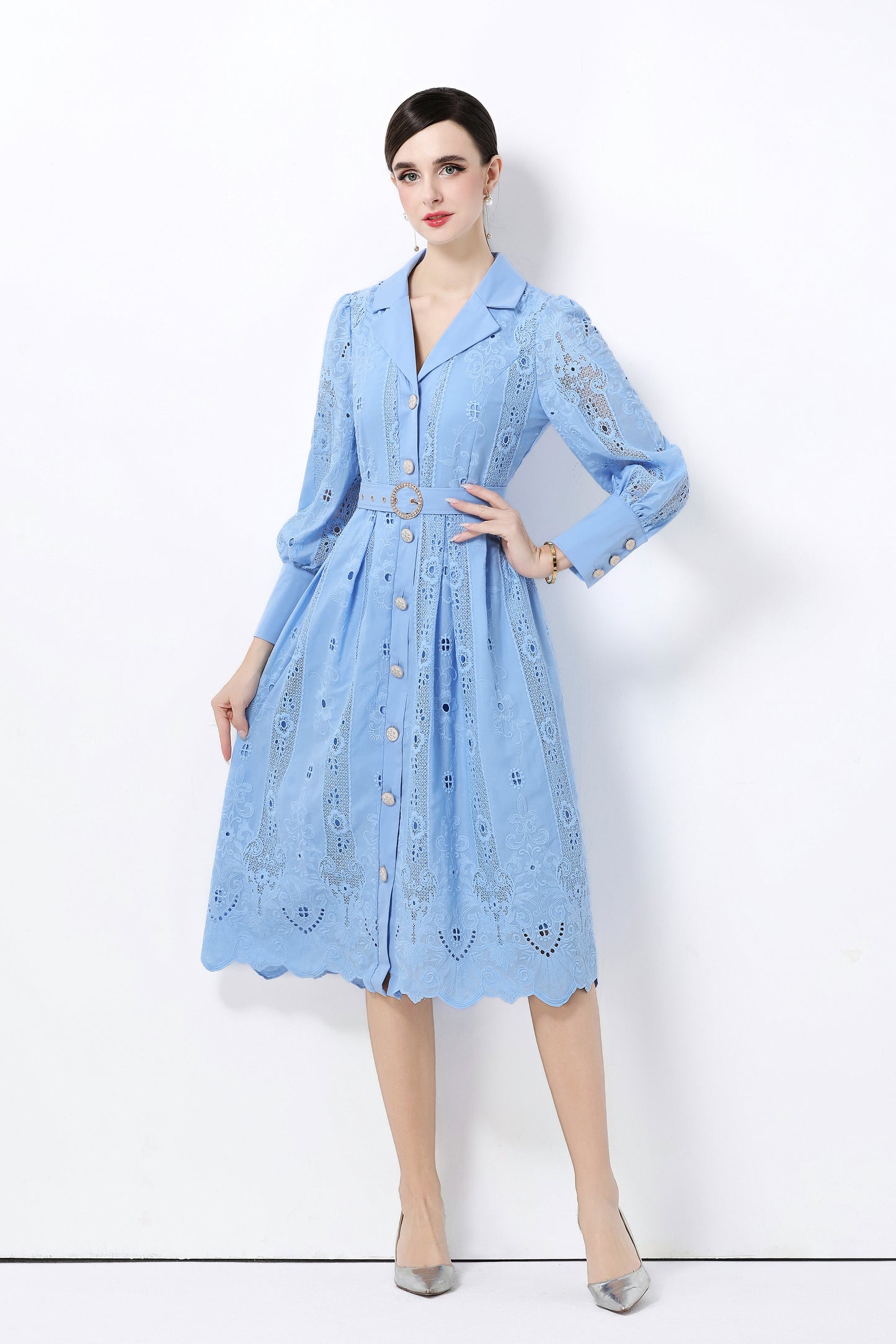 Women's Puff Sleeve Lace Hollow Out Midi Dress