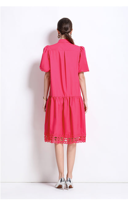 Women's Puff Sleeves Collar Hollow Embroidery Midi Dress