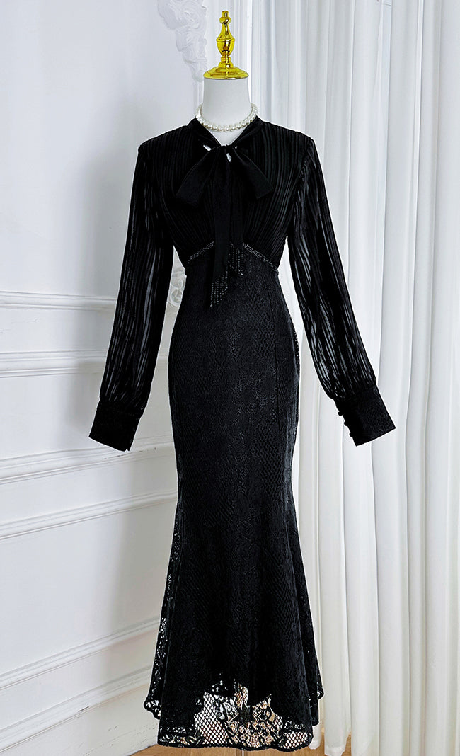 Elegant Pleated & Lace Midi Dress with Tie Neck, Beaded Details & Flounce Hem - LAI MENG FIVE CATS