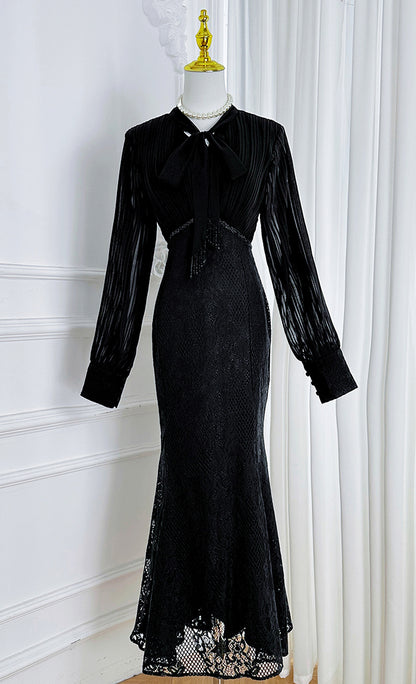 Elegant Pleated & Lace Midi Dress with Tie Neck, Beaded Details & Flounce Hem - LAI MENG FIVE CATS