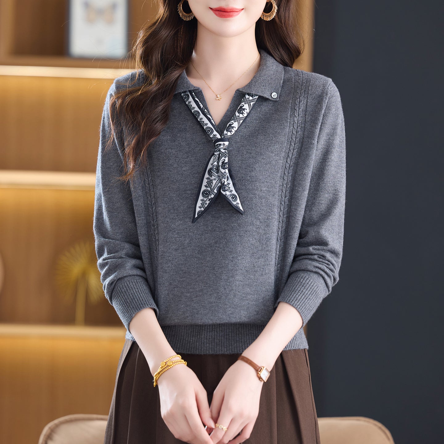 Women's Sweater Lapel Polo V Neck Knit Outfits