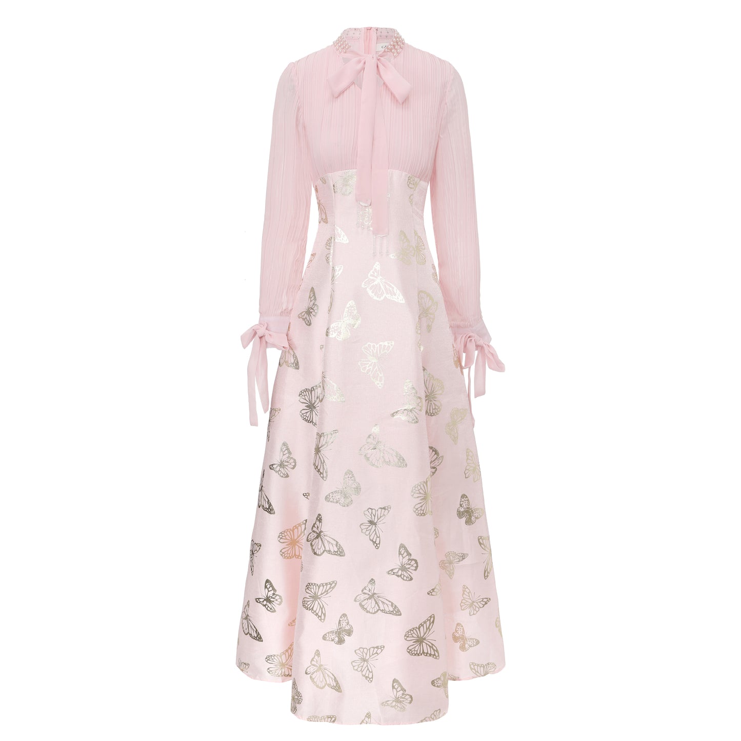 Women's Tie-neck Pleated Top Satin Gilded Party Long Dress - LAI MENG FIVE CATS