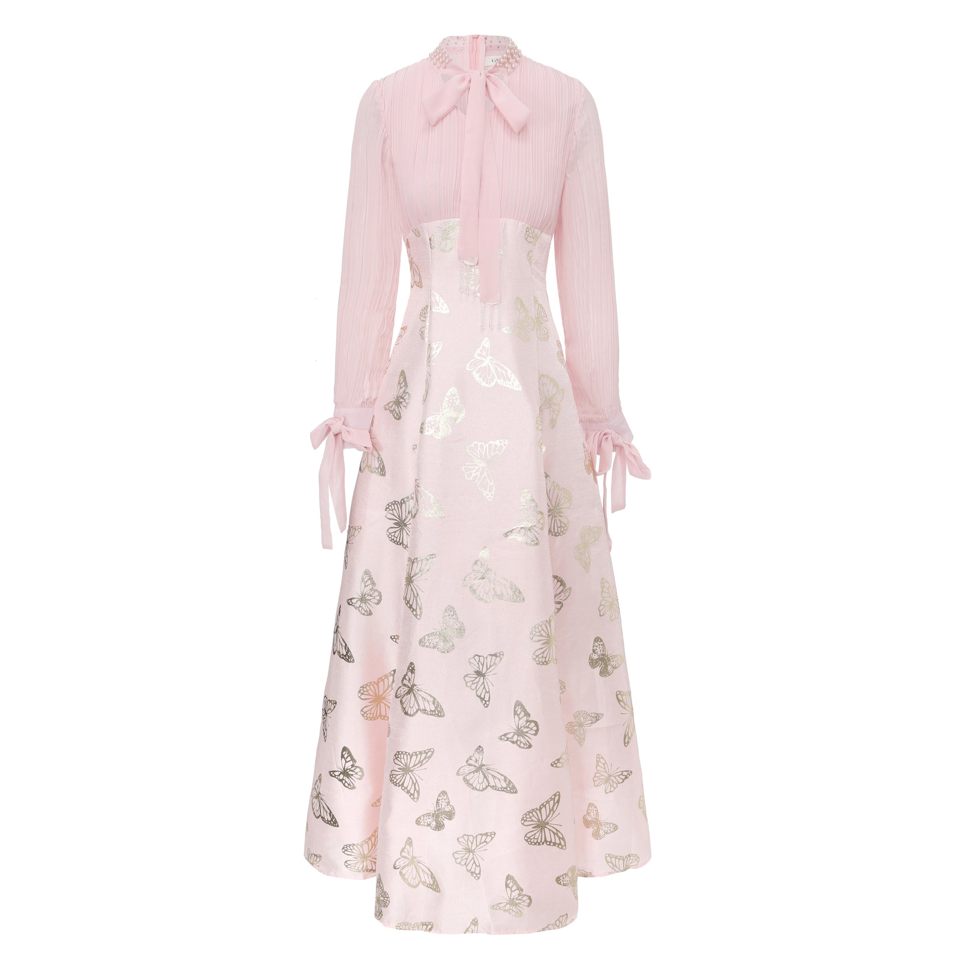 Women's Tie-neck Pleated Top Satin Gilded Party Long Dress - LAI MENG FIVE CATS