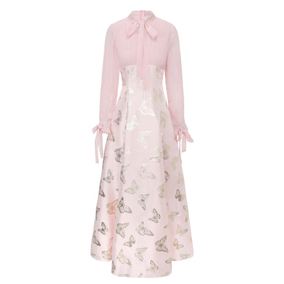 Women's Tie-neck Pleated Top Satin Gilded Party Long Dress - LAI MENG FIVE CATS