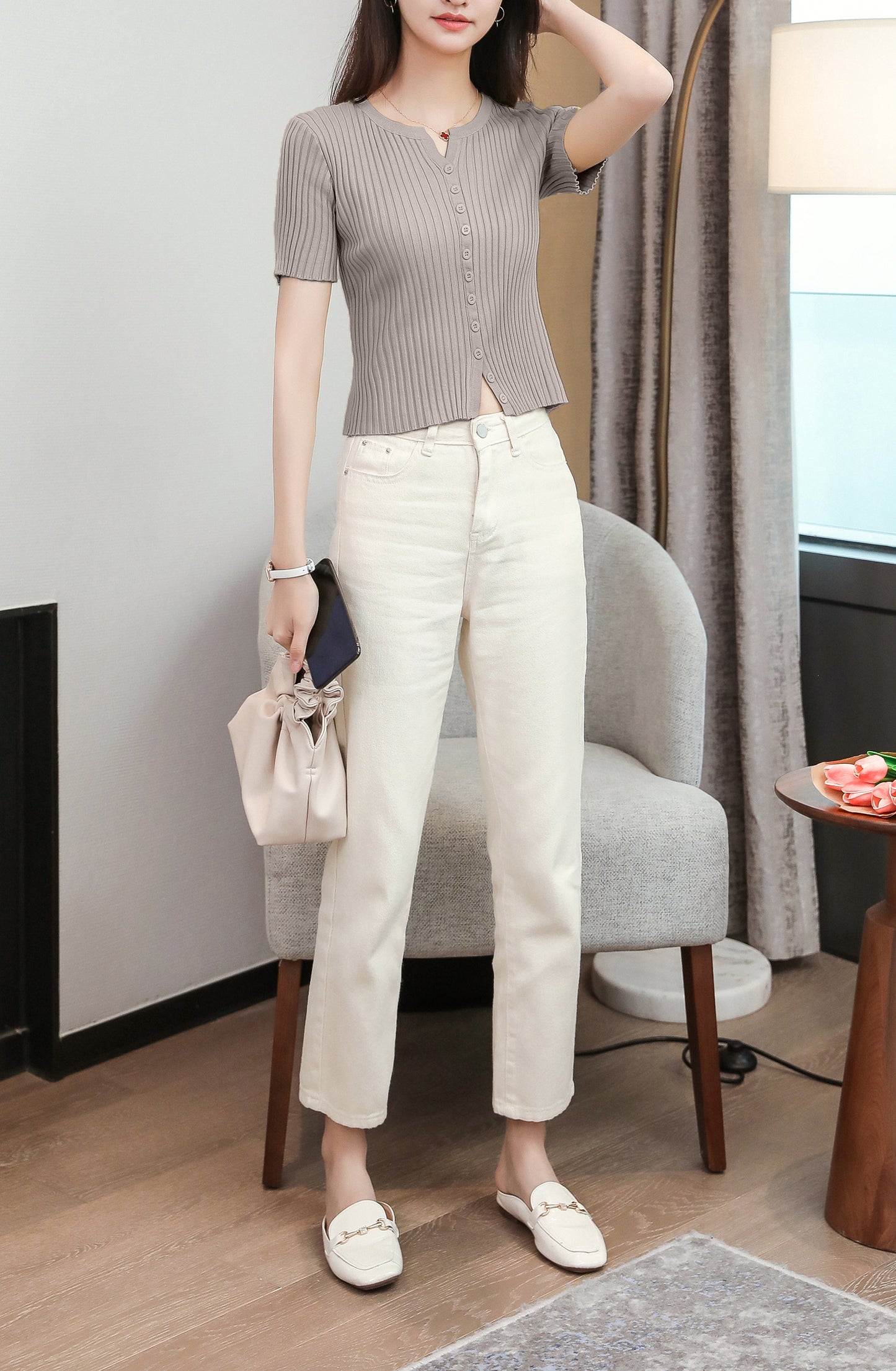 Women's V-Neck Knitted Thin Tops Ribbed Shirt
