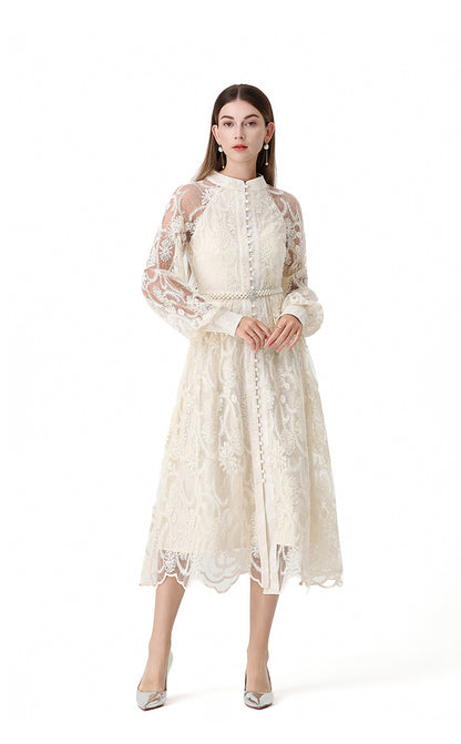 Elegant Floral Lace Maxi Dress with Pearl Belt - LAI MENG FIVE CATS