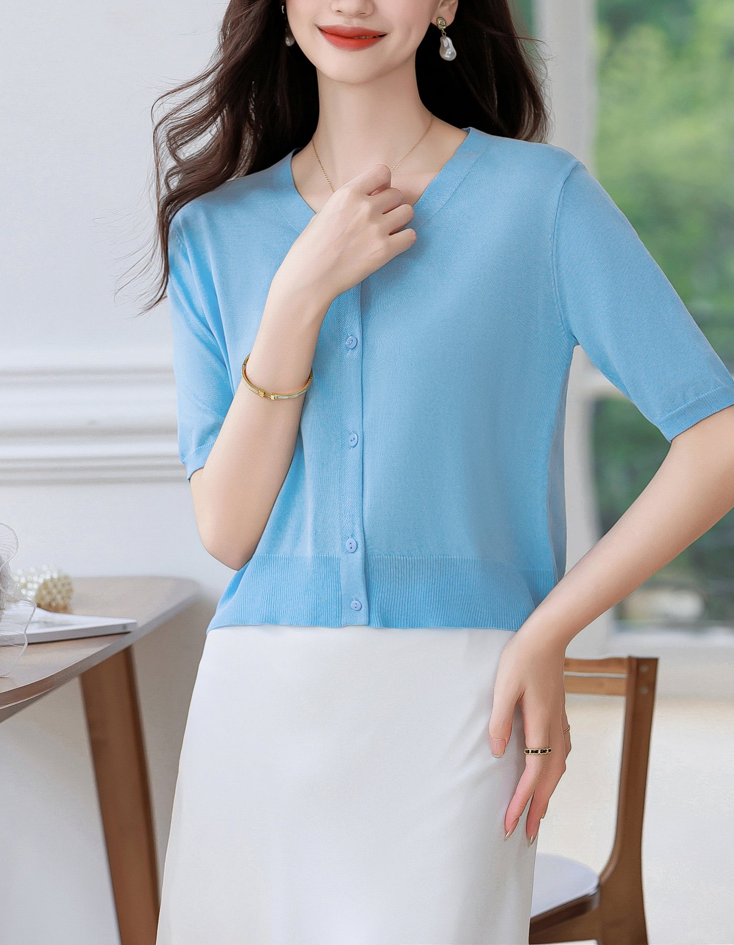 Women's Short Sleeve Ribbed Knit Cardigan Tops