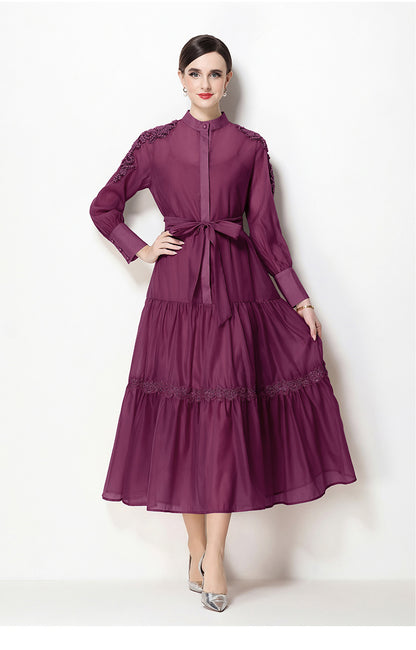 Elegant Bead Embroidery Loose Button Belted Maxi Dress - LAI MENG FIVE CATS