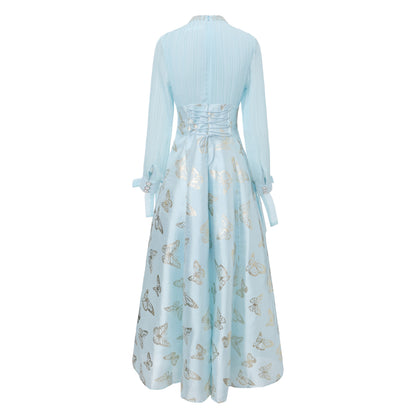 Women's Tie-neck Pleated Top Satin Gilded Party Long Dress - LAI MENG FIVE CATS
