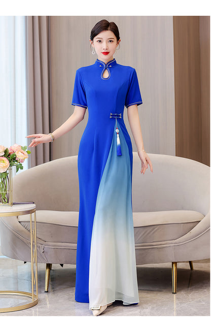 Women's Cheongsam Short Sleeve Qipao Long Dress