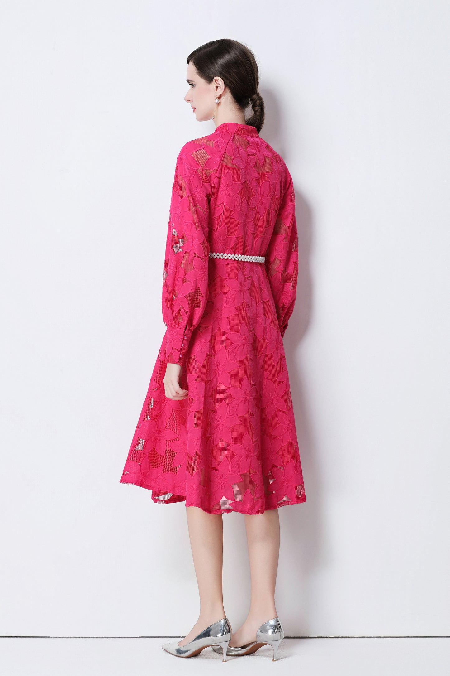 Women's Long Sleeve Eyelet Embroidery Button Midi Dress