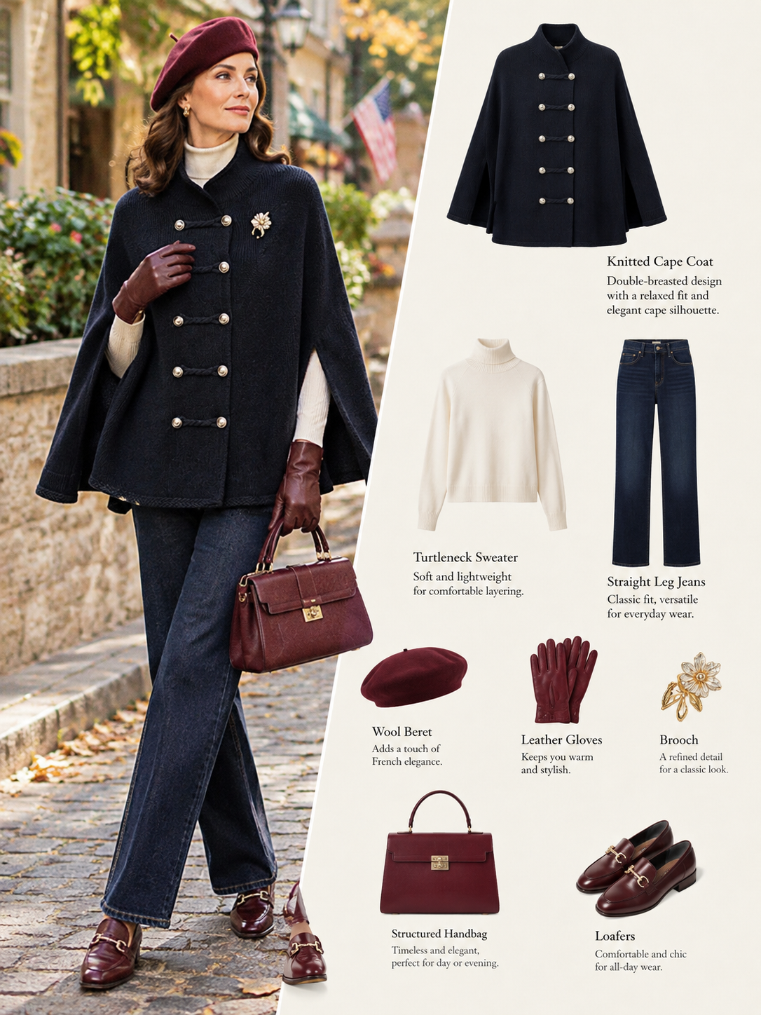 28695-Women's Knit Cape Coat – Navy & Camel