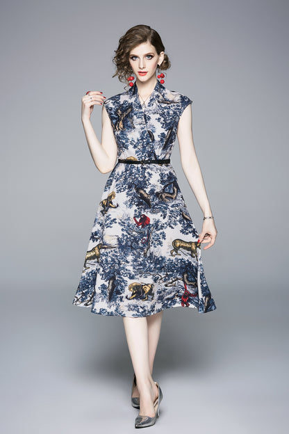 Women's Summer V Neck Floral Print Dress Casual A-line Dress