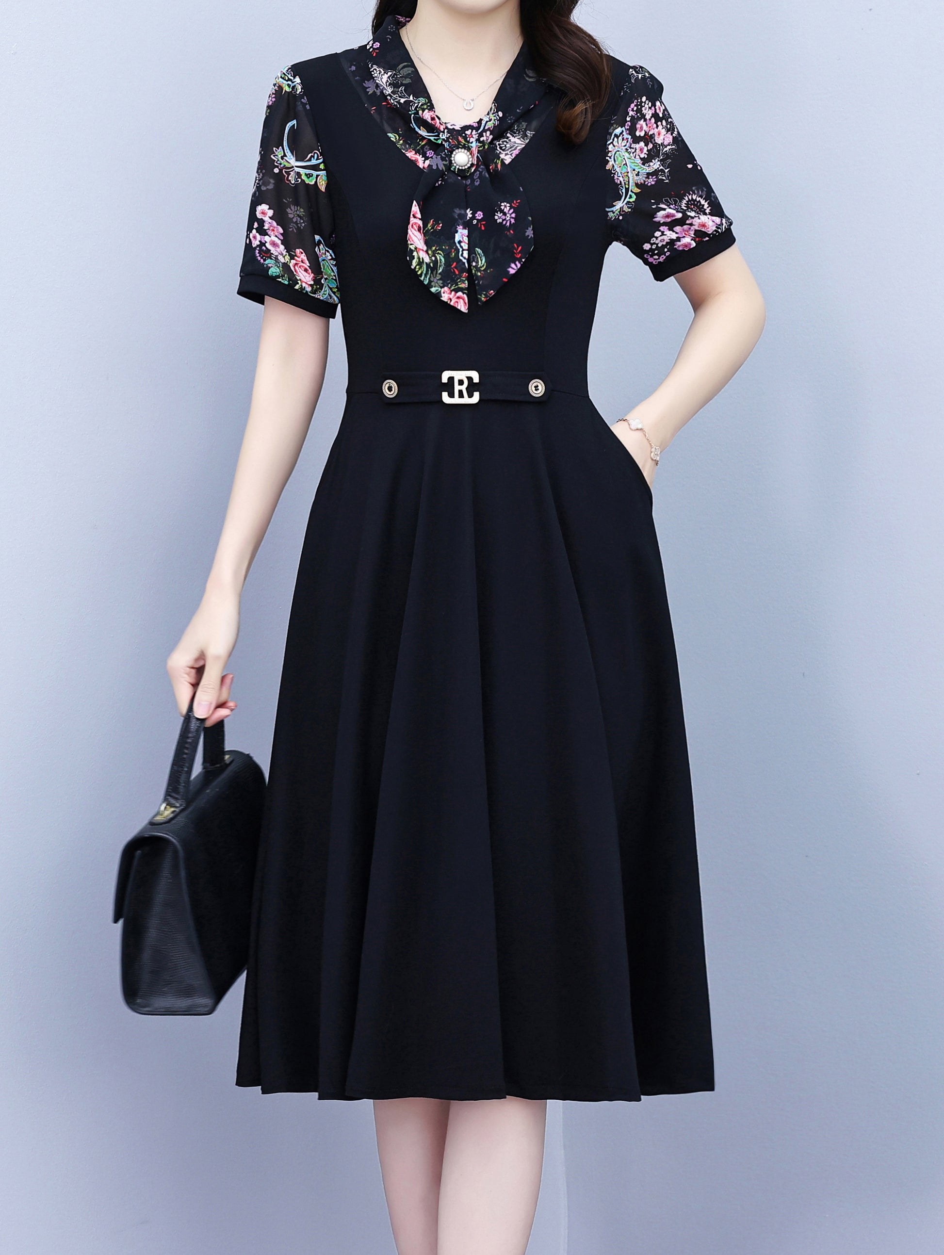 Elegant Floral Sleeve A-Line Midi Dress - LAI MENG FIVE CATS