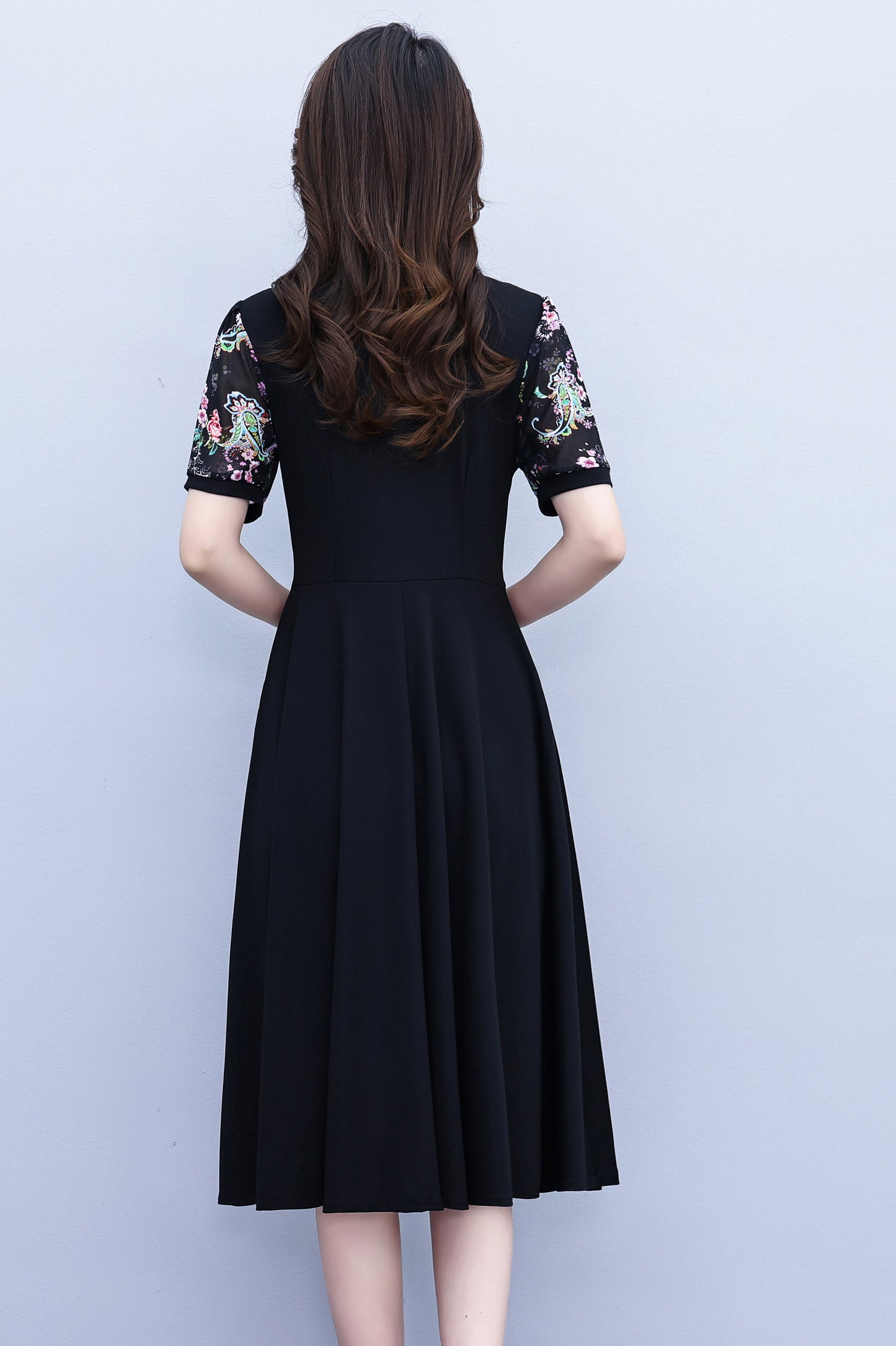 Elegant Floral Sleeve A-Line Midi Dress - LAI MENG FIVE CATS