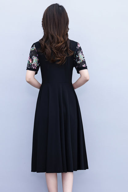 Elegant Floral Sleeve A-Line Midi Dress - LAI MENG FIVE CATS