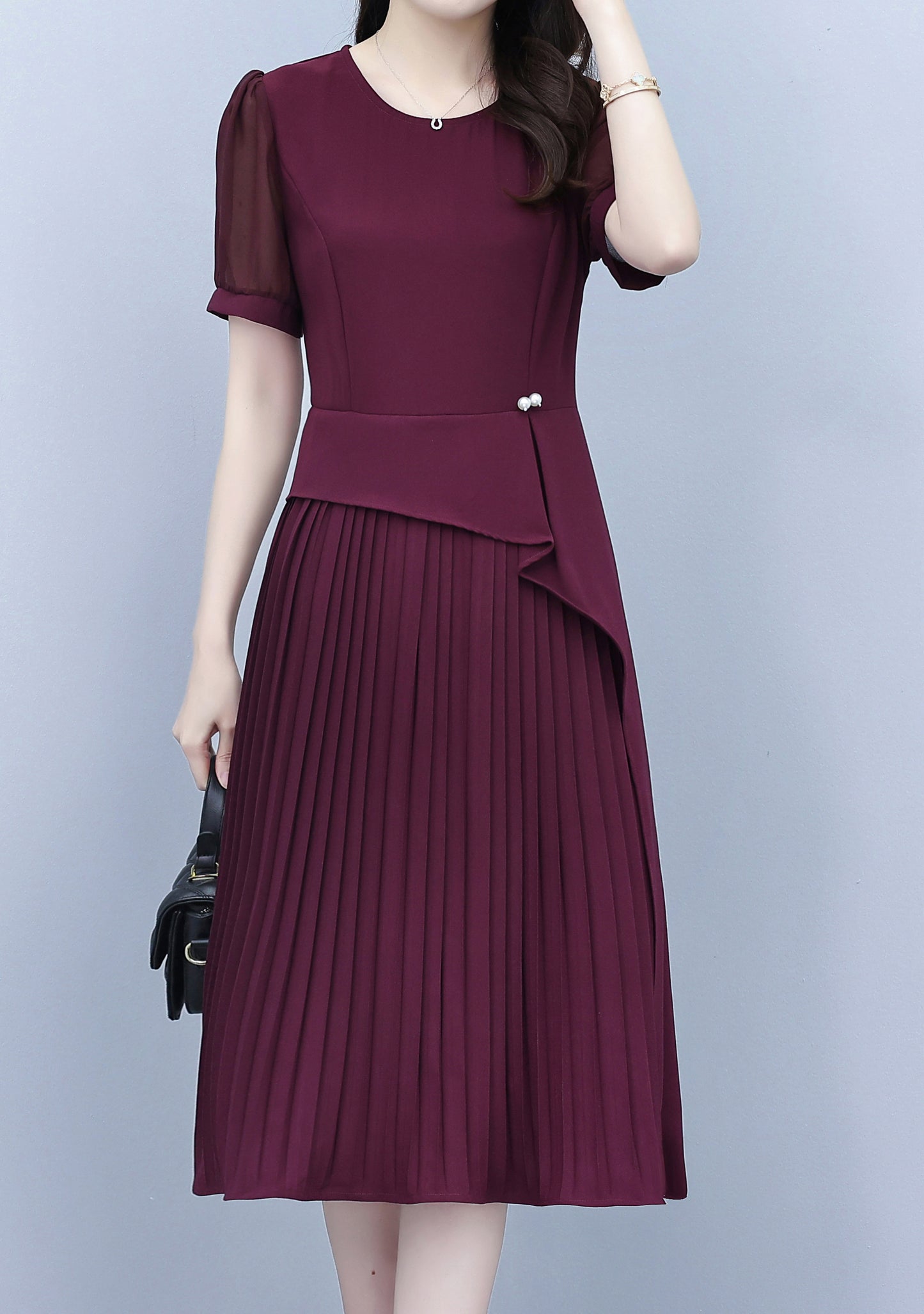 Chiffon Sleeves Pleated Midi Dress