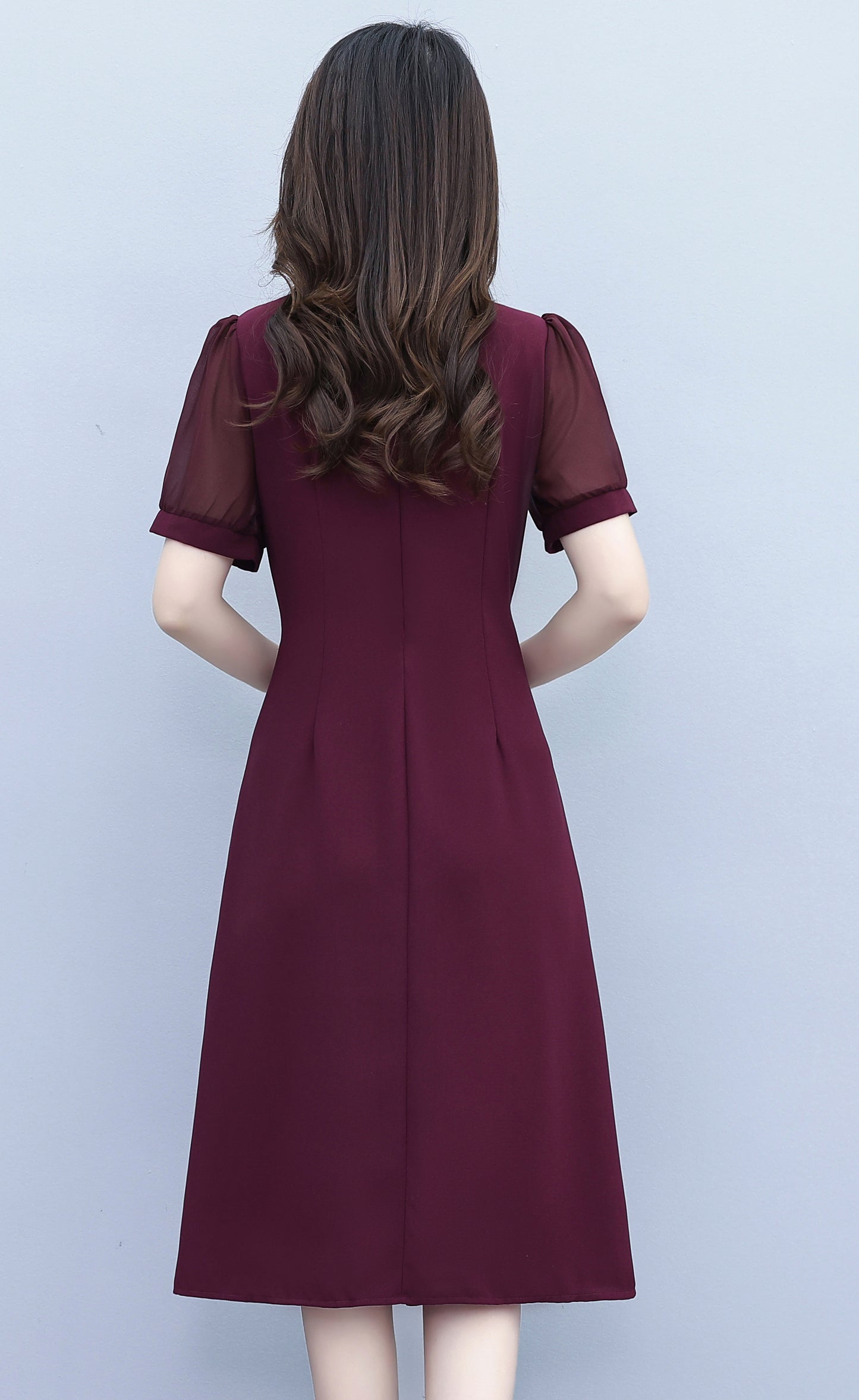 Chiffon Sleeves Pleated Midi Dress