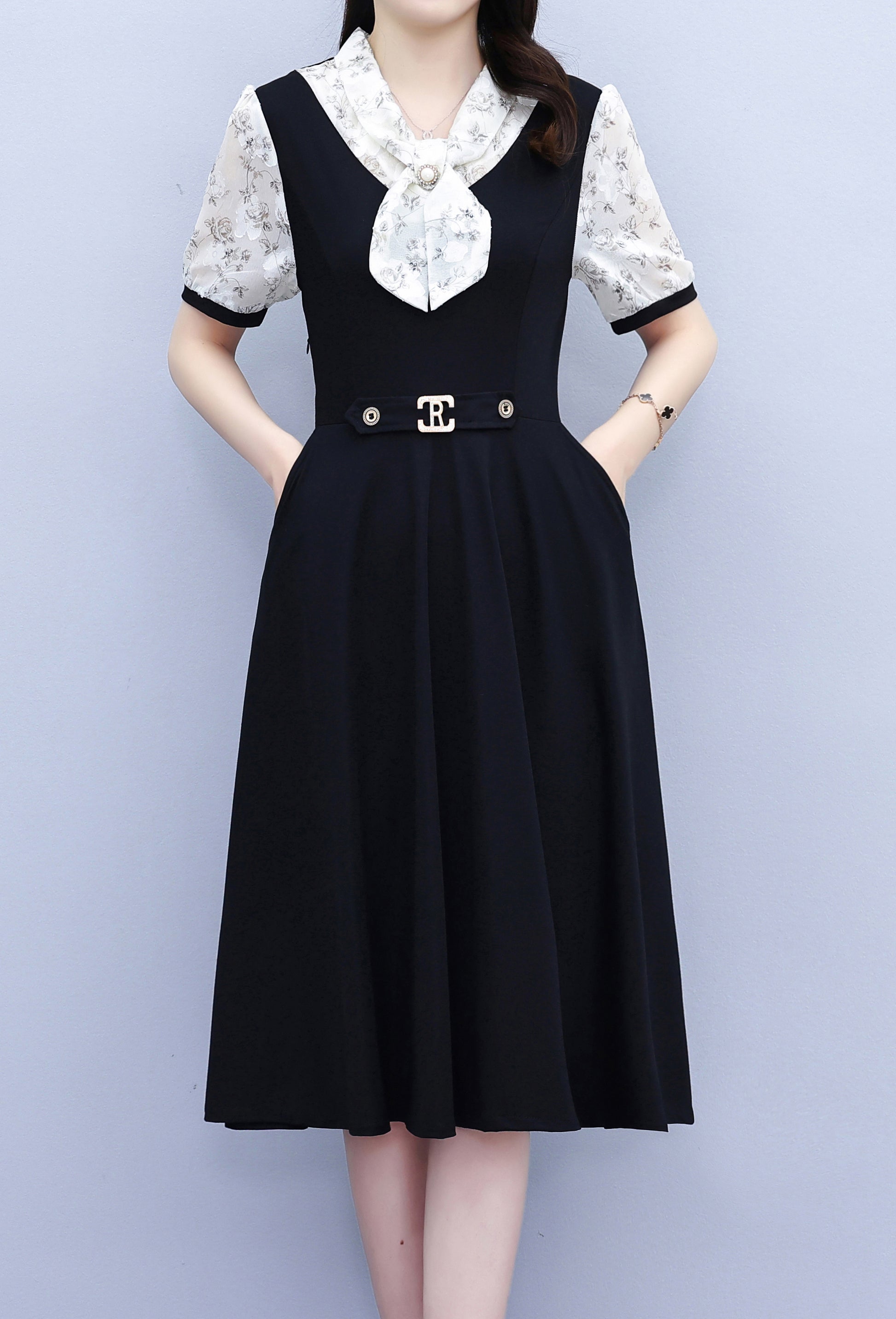 Elegant Floral Tie Neck Midi Dress - LAI MENG FIVE CATS