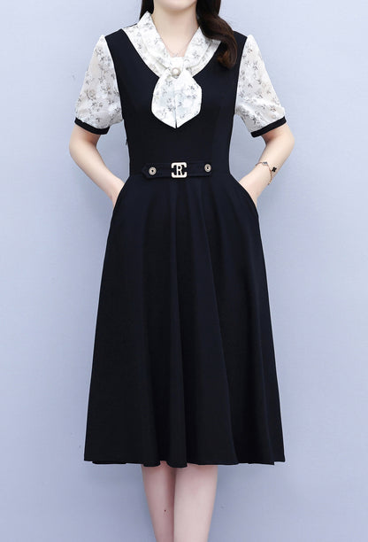 Elegant Floral Tie Neck Midi Dress - LAI MENG FIVE CATS