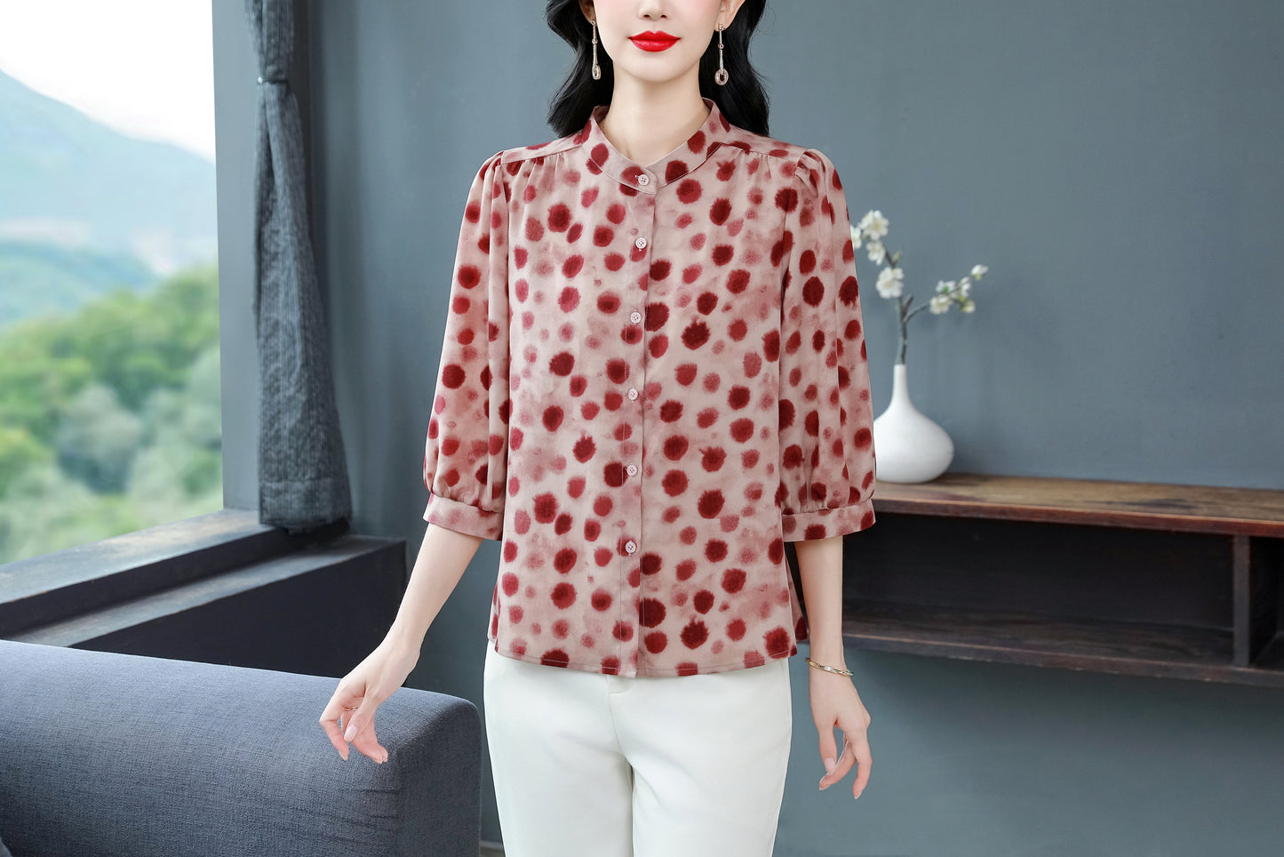 Women's Floral Print Puff Sleeve Loose Blouses Top