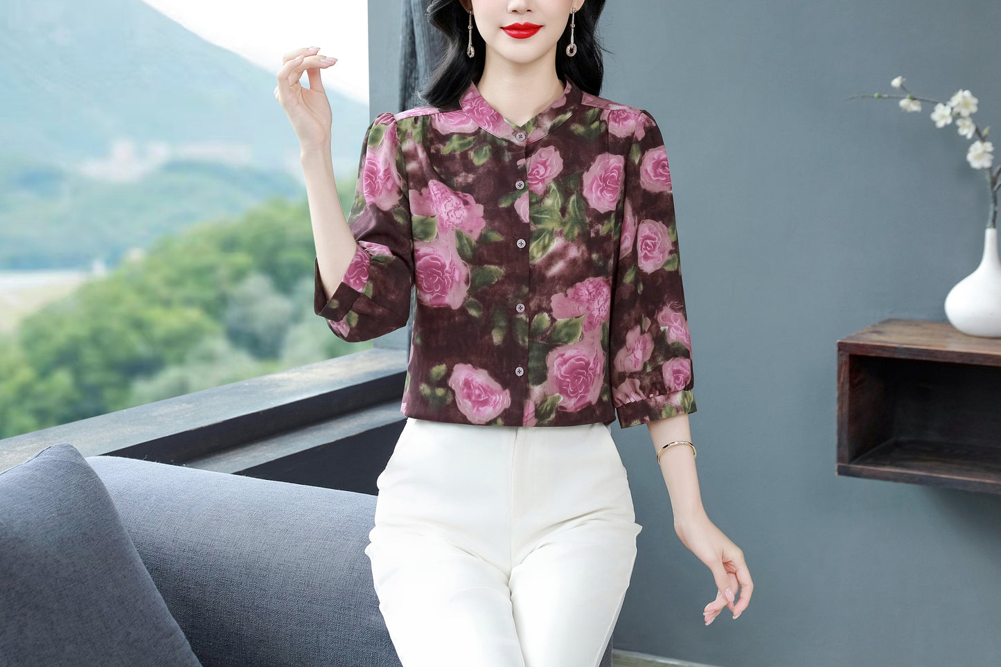 Women's Floral Print Puff Sleeve Loose Blouses Top
