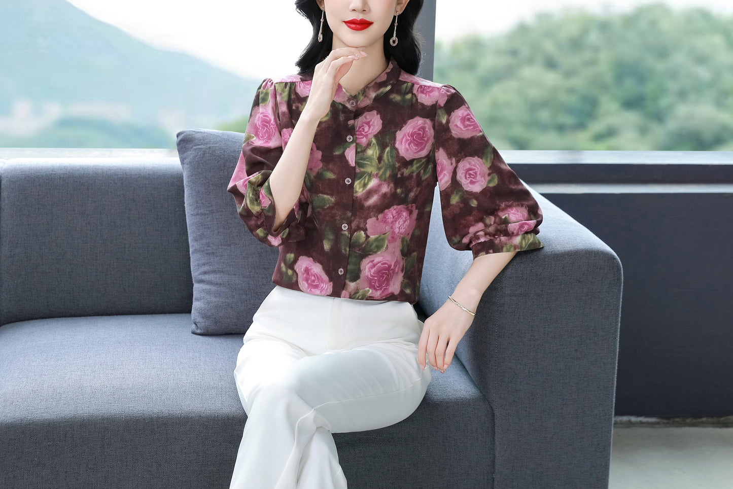 Women's Floral Print Puff Sleeve Loose Blouses Top