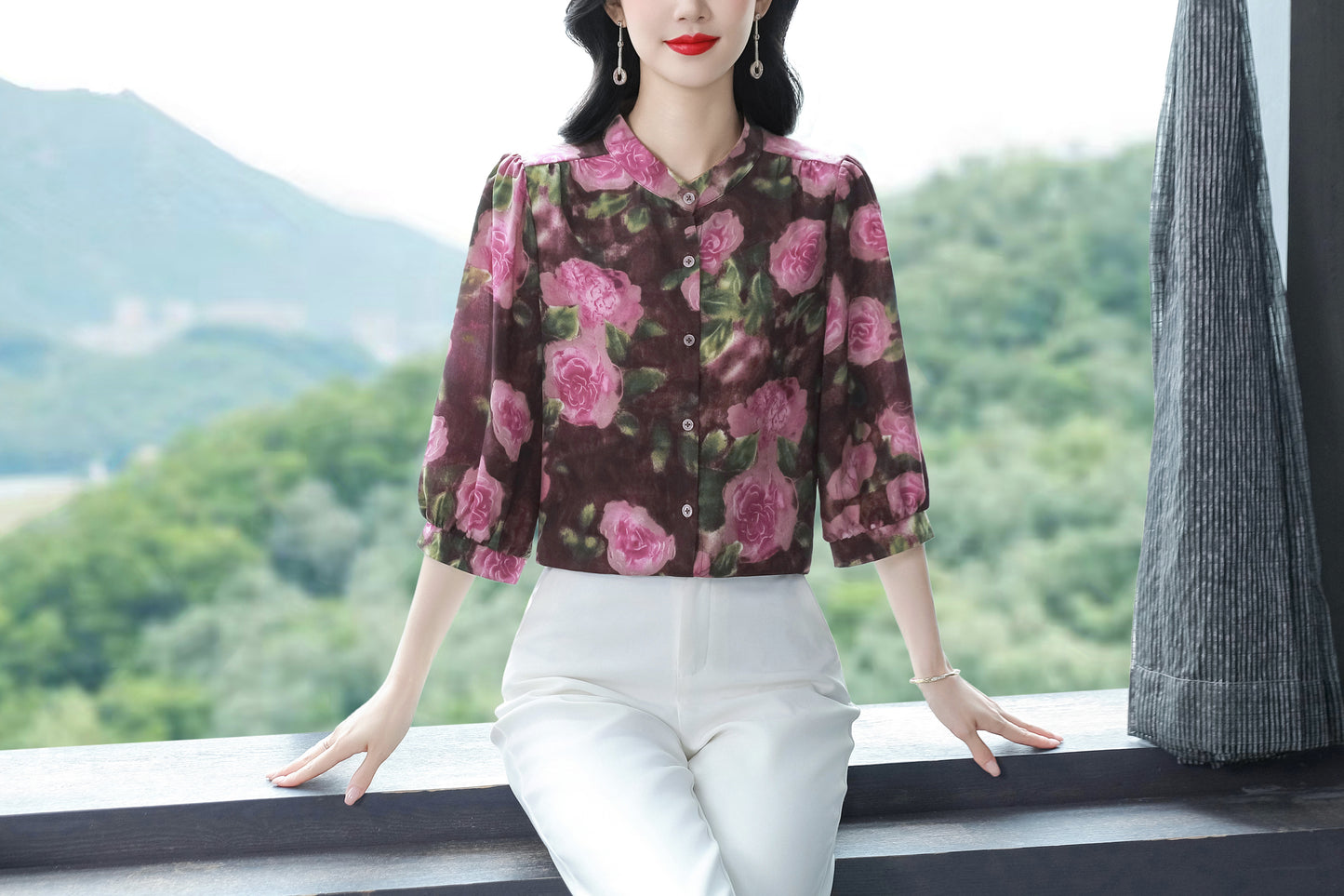 Women's Floral Print Puff Sleeve Loose Blouses Top