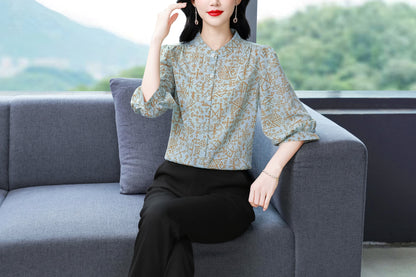 Women's Floral Print Puff Sleeve Loose Blouses Top