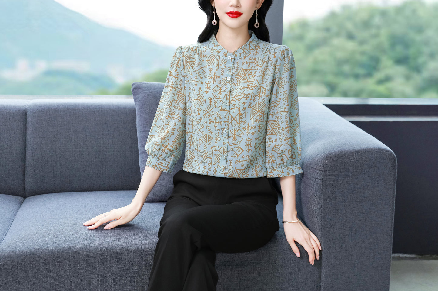 Women's Floral Print Puff Sleeve Loose Blouses Top