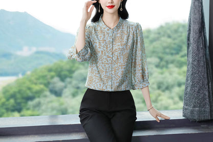 Women's Floral Print Puff Sleeve Loose Blouses Top