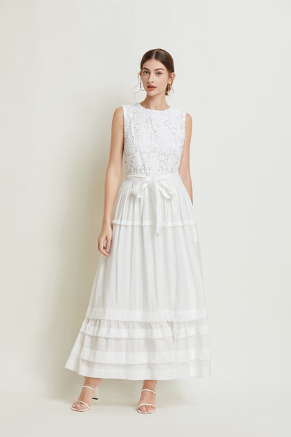 Sleeveless Belted Layered Lace Maxi Dress